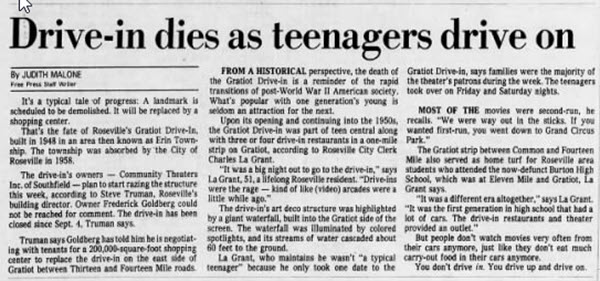 Gratiot Drive-In Theatre - Old News Article